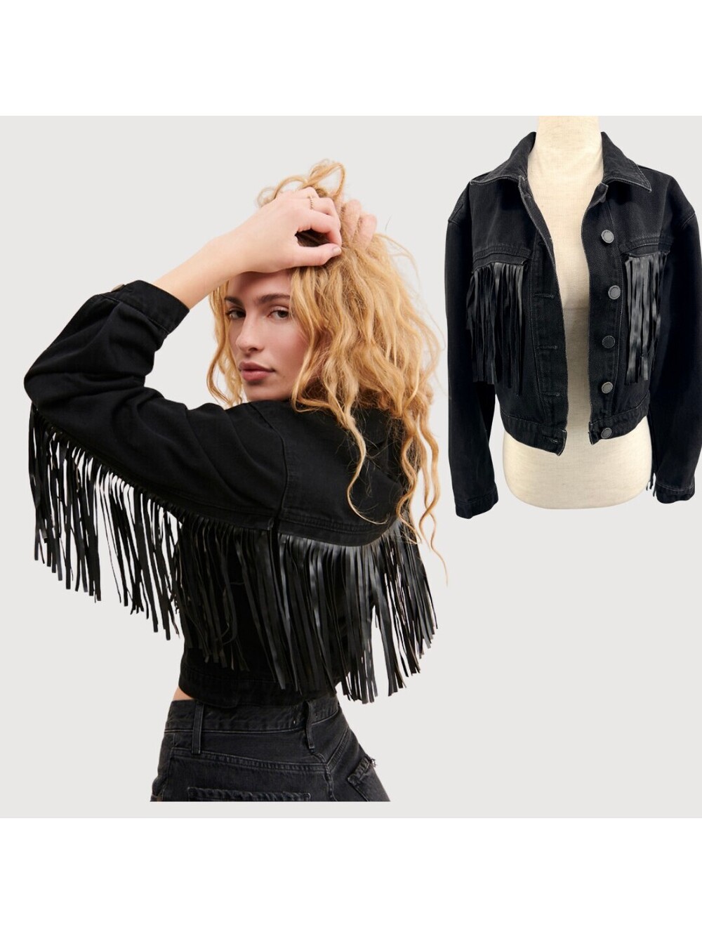 BLANKNYC Battle Ship Fringe Denim Jacket Black XS